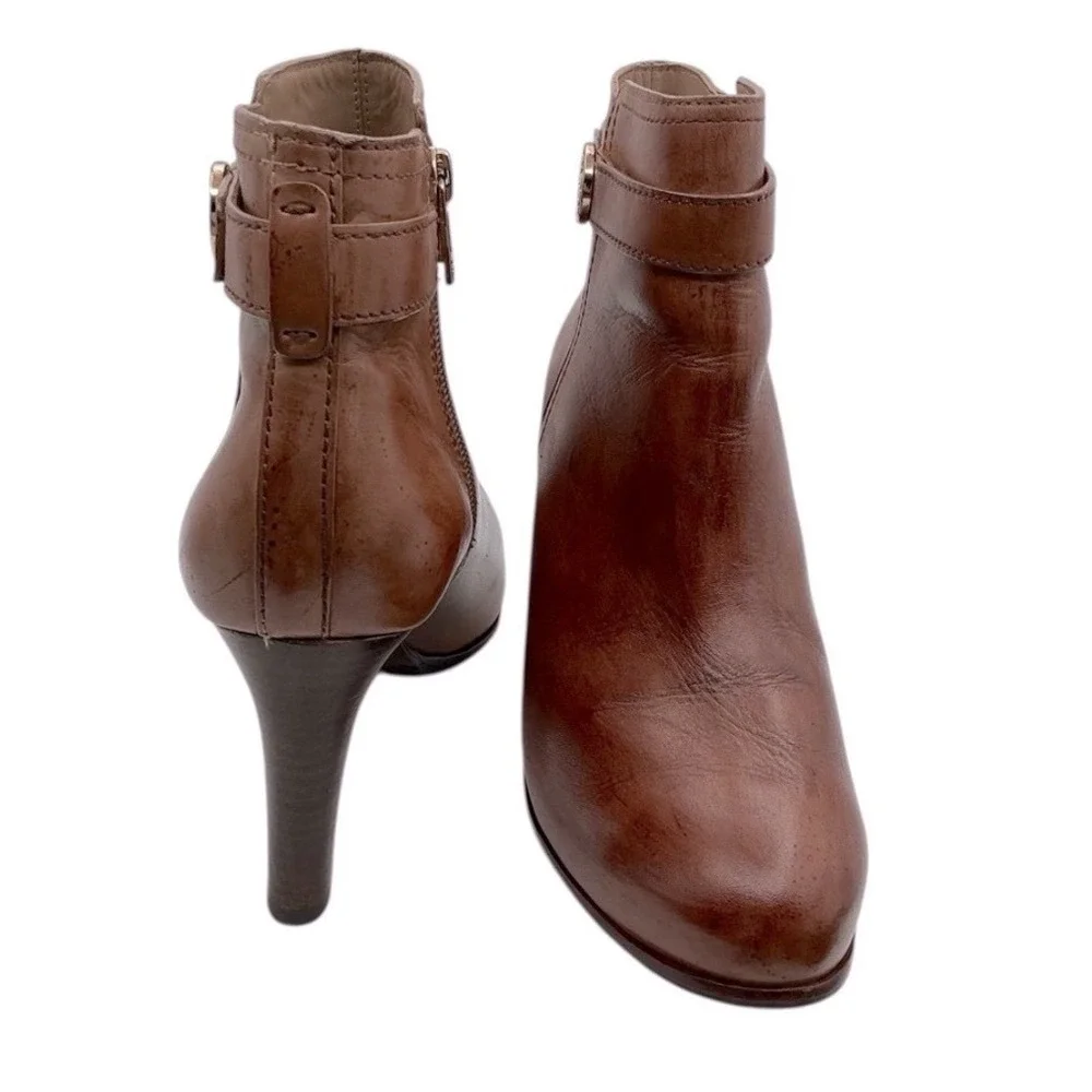 Tory Burch Tan Leather Ankle Boots Stiletto Heel Logo Medallion Womens 10